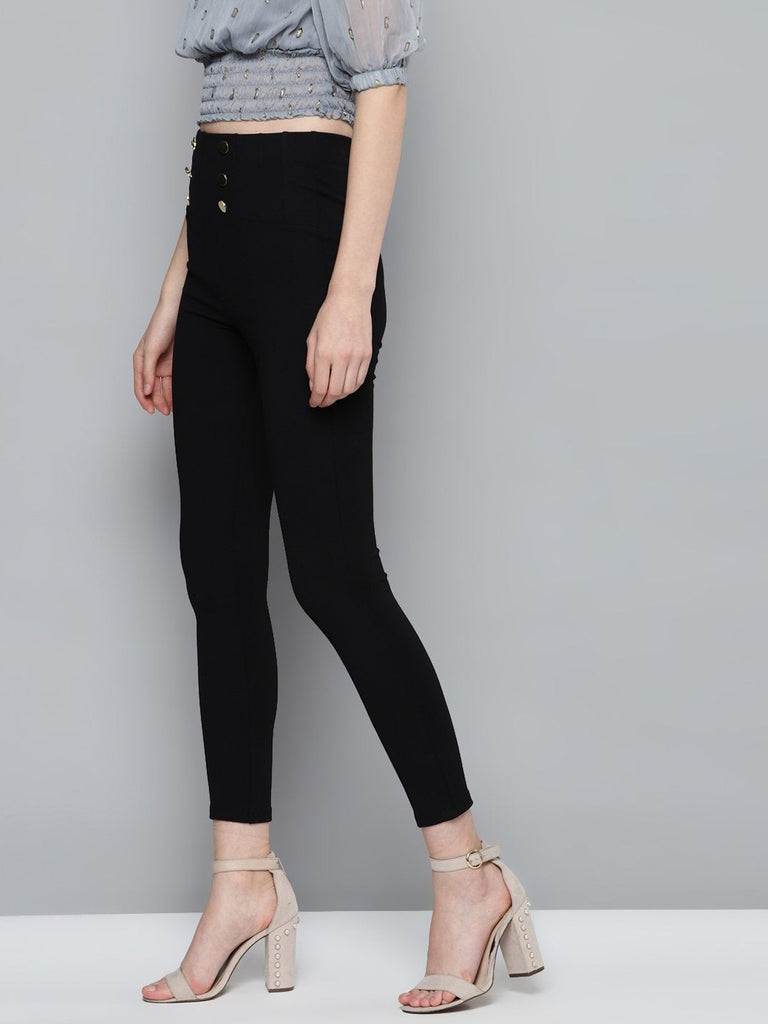 Women's Black Front Button High Waist Jeggings