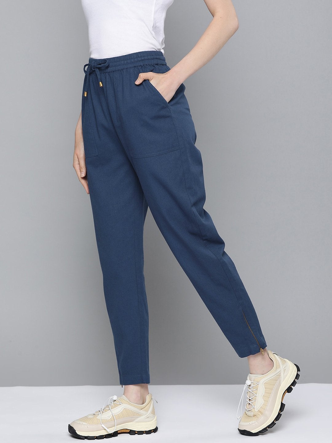 Women's Navy Side Zipper Twill Jogger Pants - SASSAFRAS