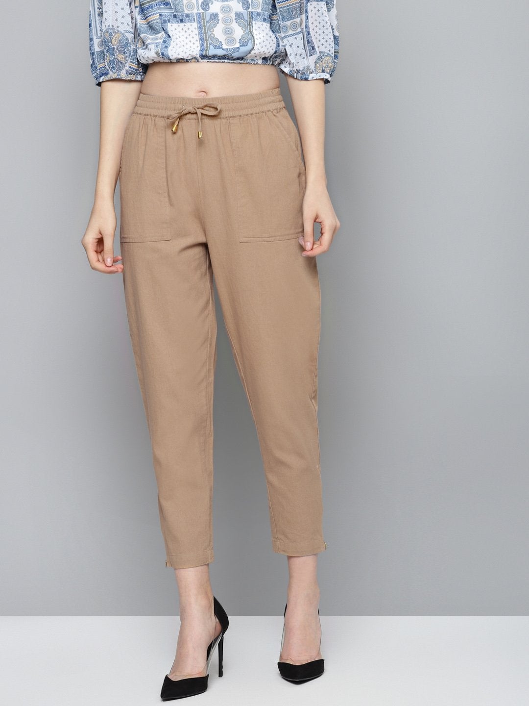 Women's Beige Side Zipper Twill Jogger Pants - SASSAFRAS