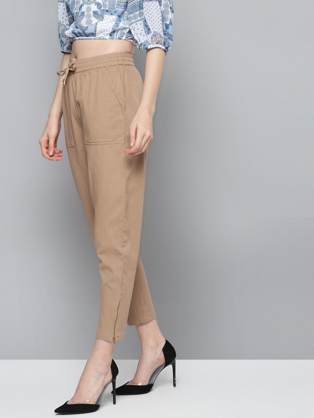 Women's Beige Side Zipper Twill Jogger Pants - SASSAFRAS