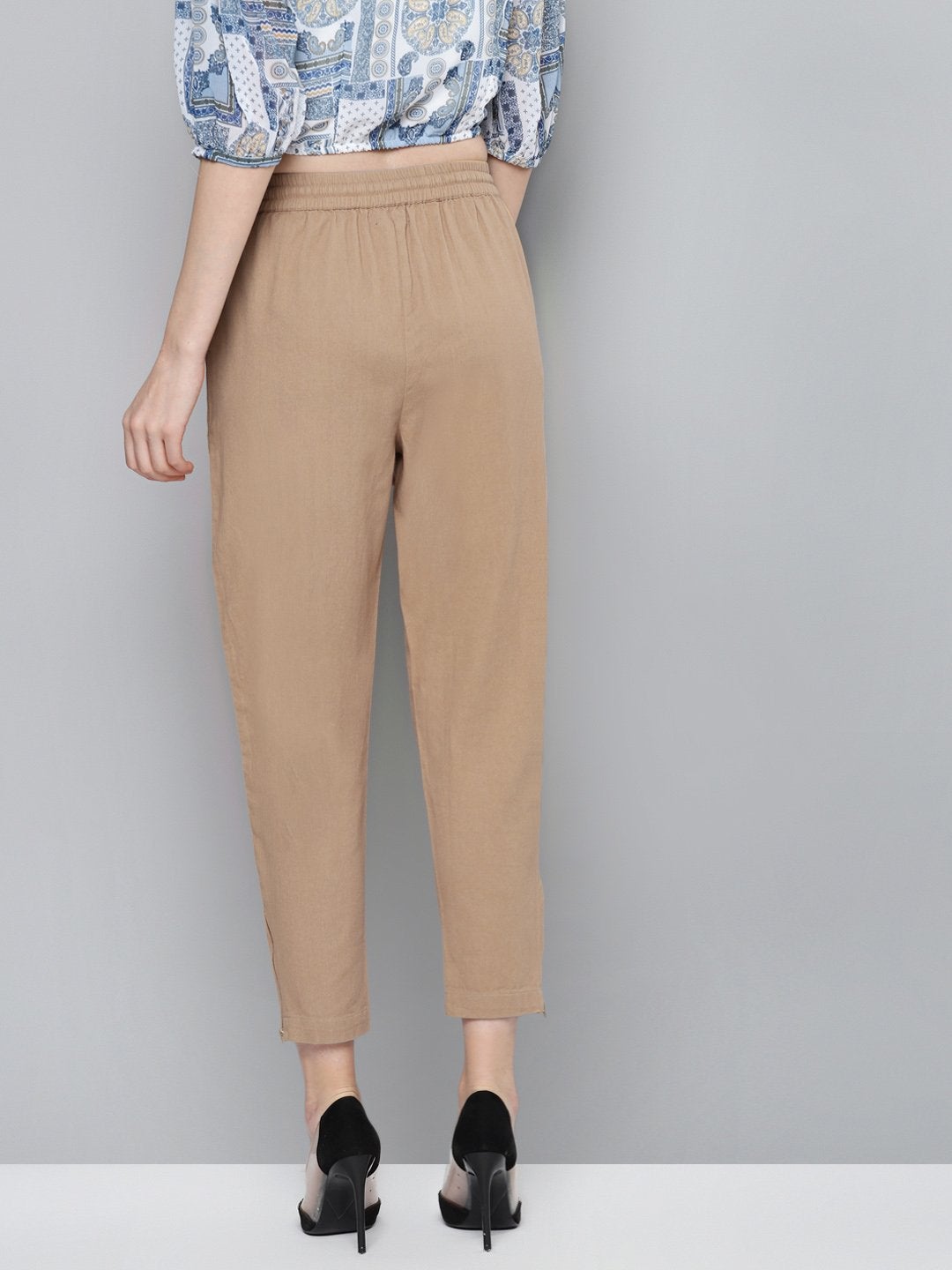 Women's Beige Side Zipper Twill Jogger Pants - SASSAFRAS