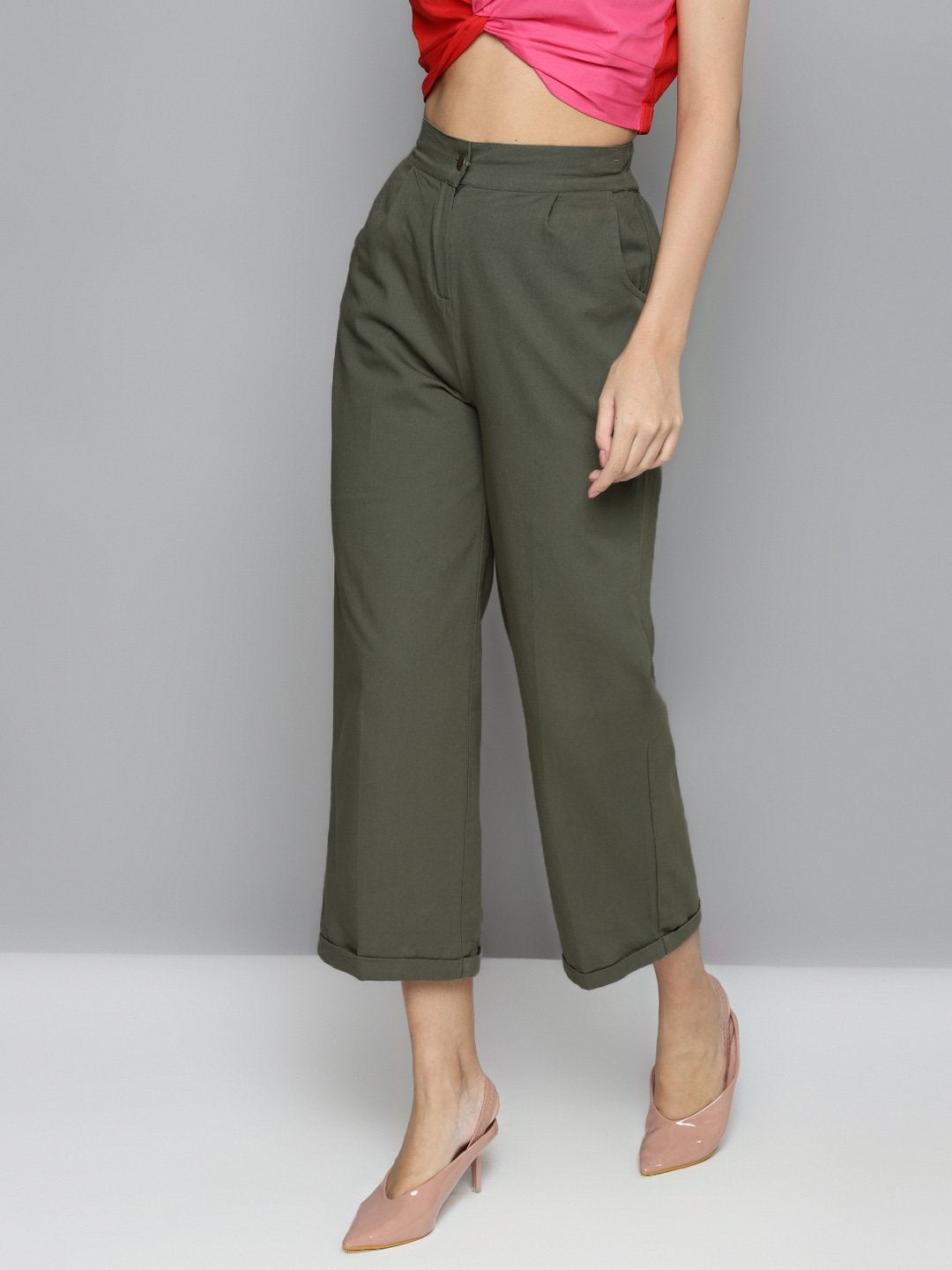 Women's Olive Twill Straight Pants - SASSAFRAS