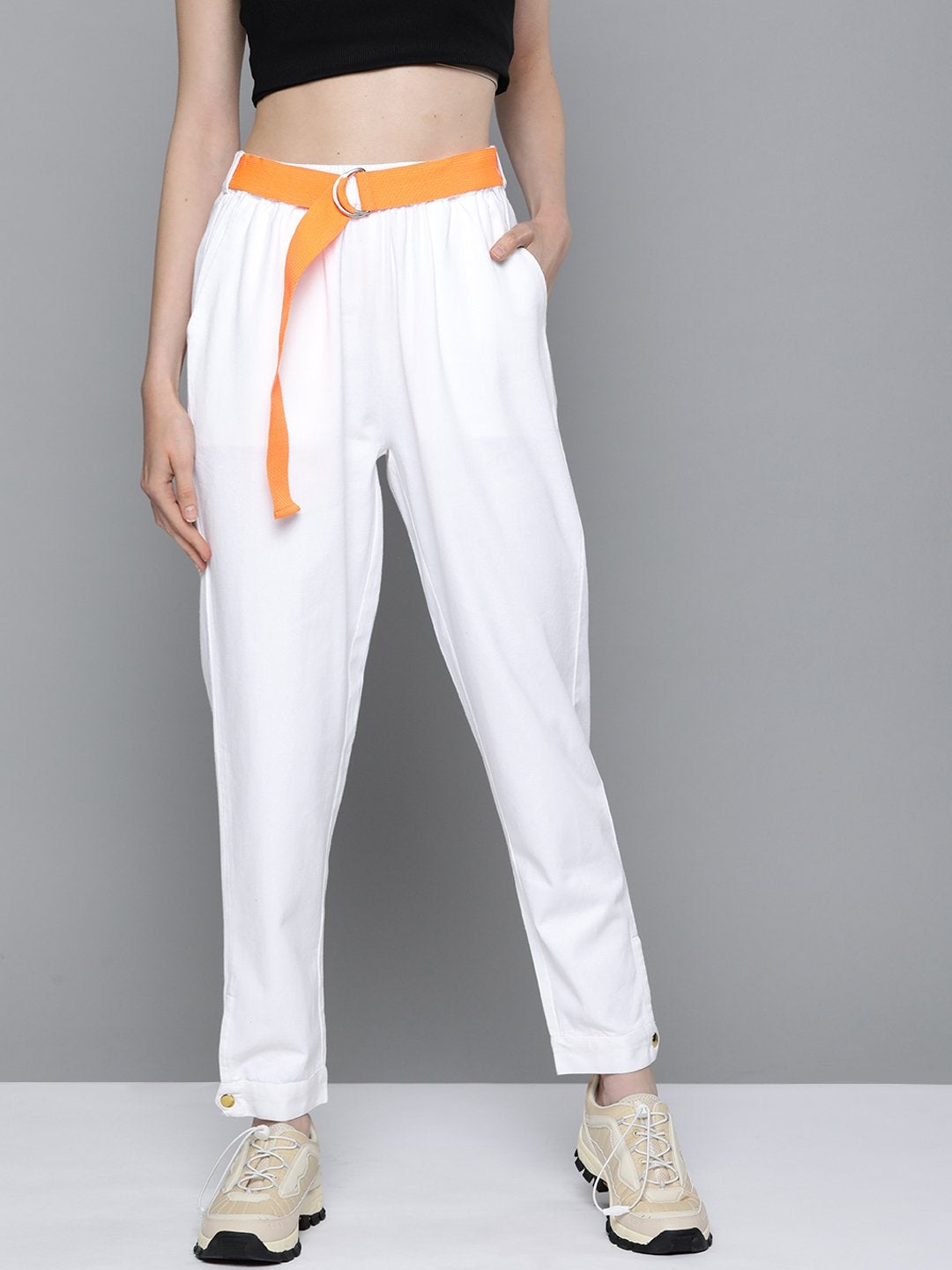 Women's White Button Detail Twill Joggers - SASSAFRAS