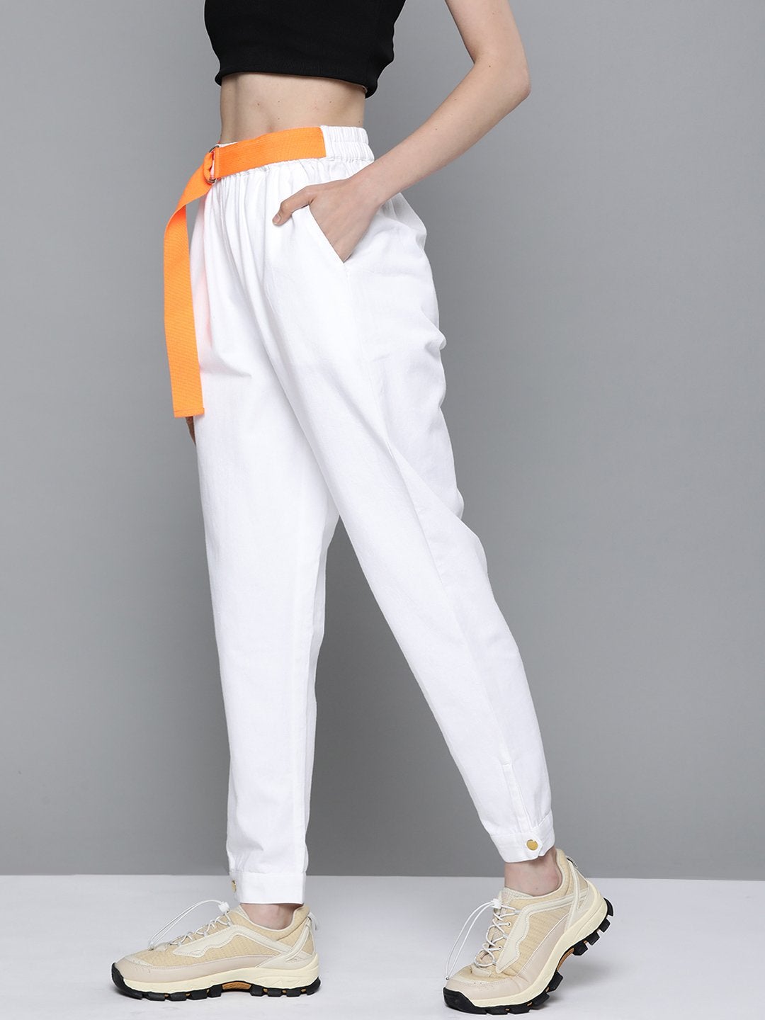 Women's White Button Detail Twill Joggers - SASSAFRAS