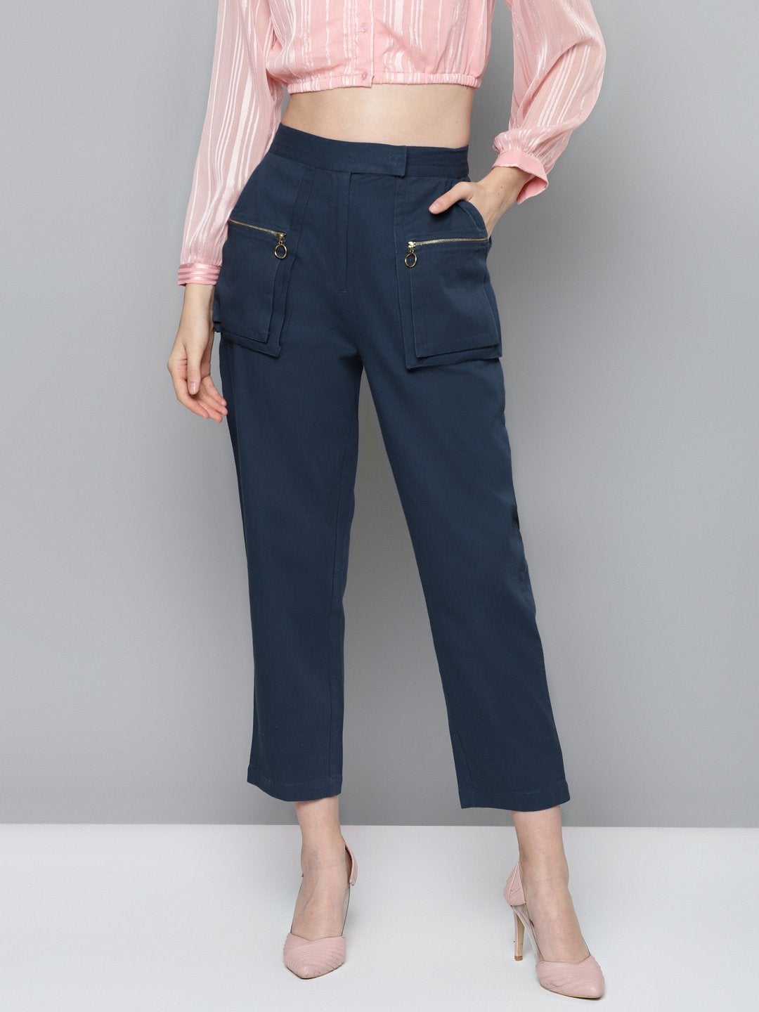 Women's Navy Big Pockets Twill Pants - SASSAFRAS