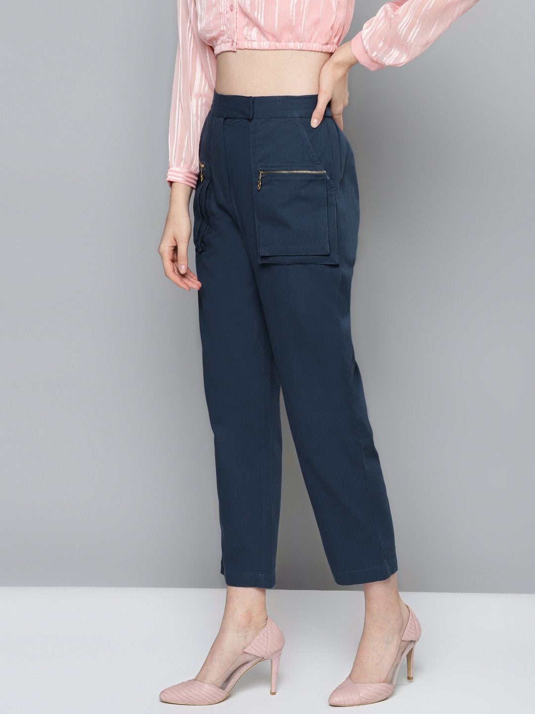 Women's Navy Big Pockets Twill Pants - SASSAFRAS