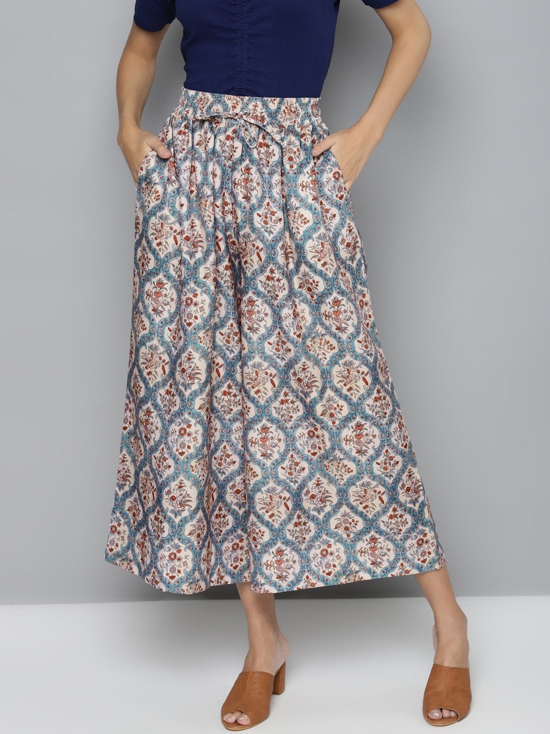 Women's Blue & Beige Floral Drawstring Wide Leg Pants - SASSAFRAS