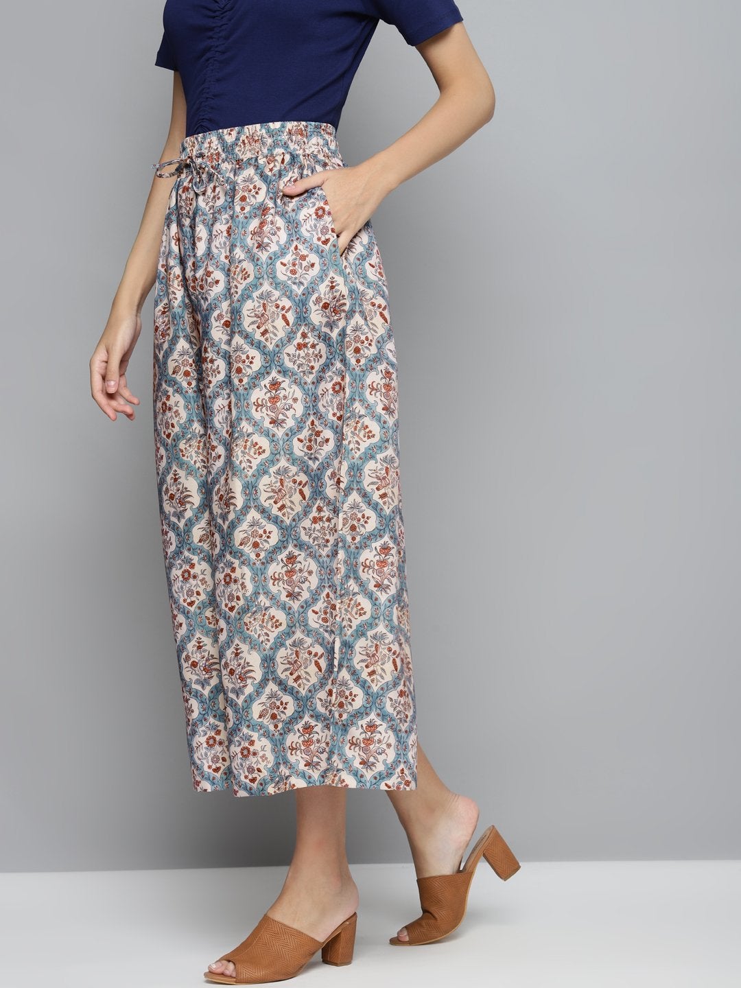 Women's Blue & Beige Floral Drawstring Wide Leg Pants - SASSAFRAS