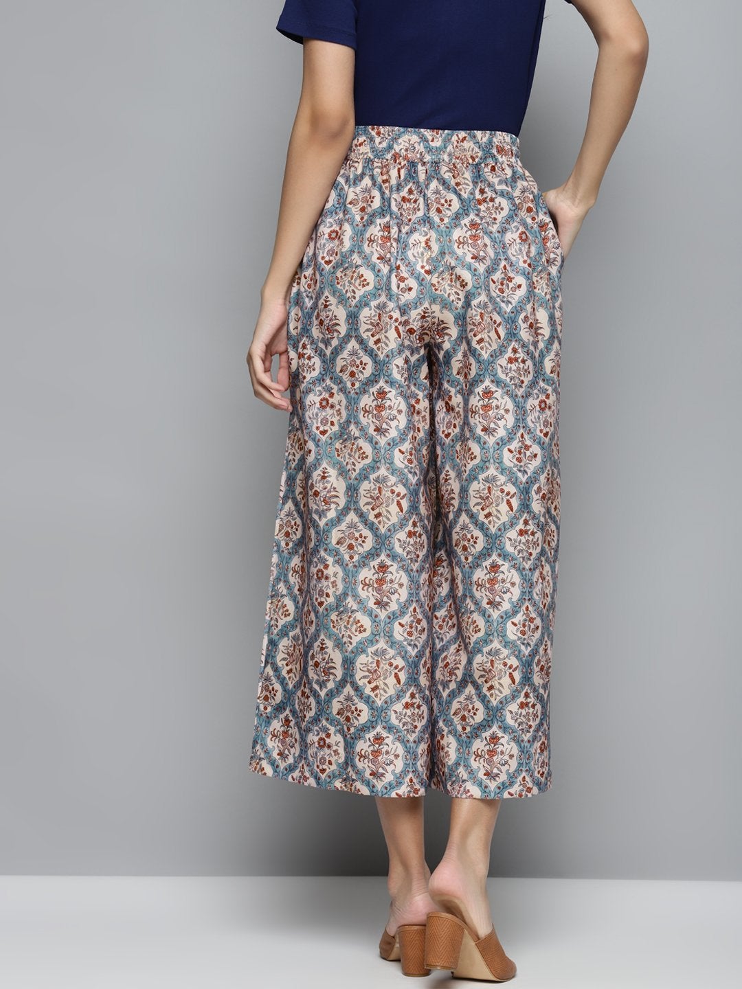 Women's Blue & Beige Floral Drawstring Wide Leg Pants - SASSAFRAS