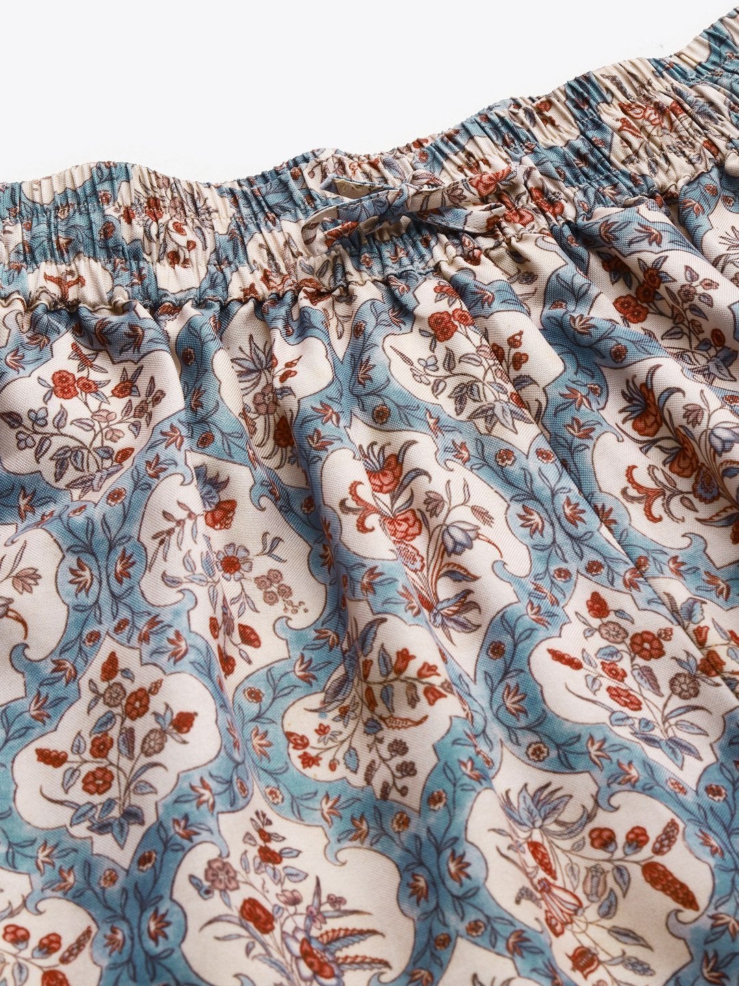 Women's Blue & Beige Floral Drawstring Wide Leg Pants - SASSAFRAS