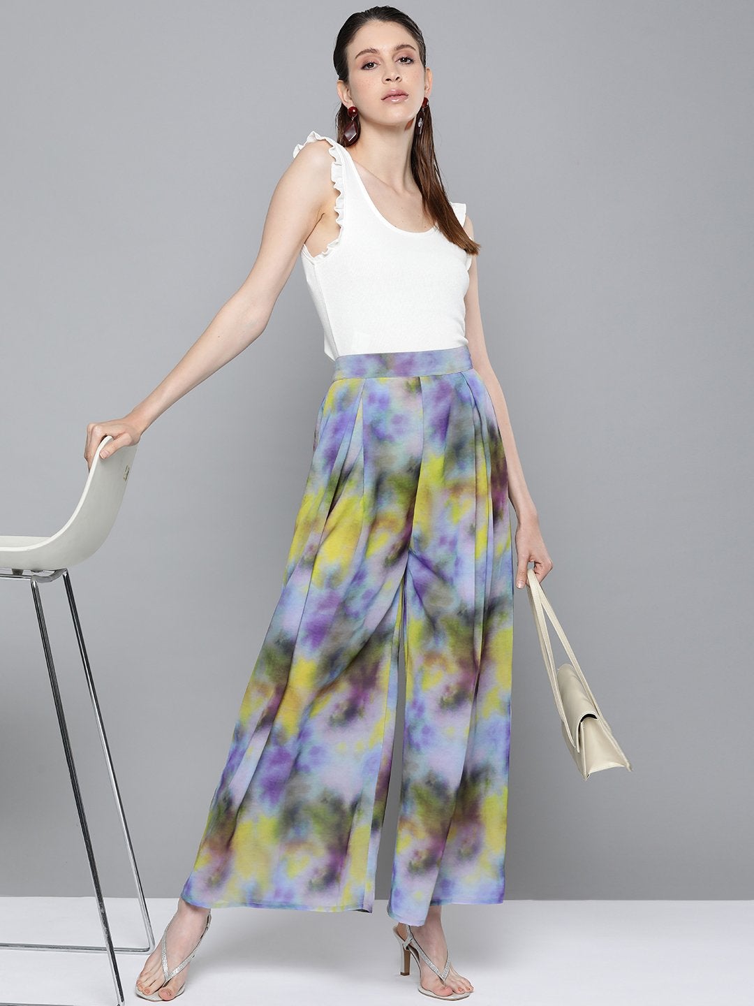 Women's Yellow & Purple Tie-Dye Print Palazzo Pants - SASSAFRAS