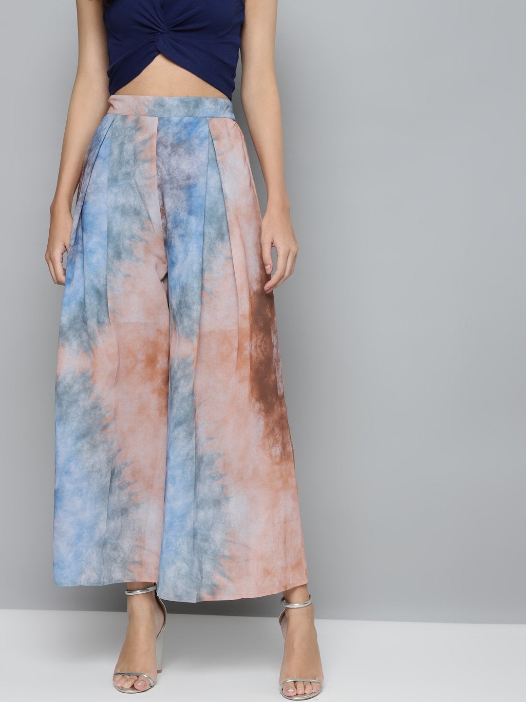 Women's Blue & Brown Tie-Dye Prin Palazzo Pants - SASSAFRAS