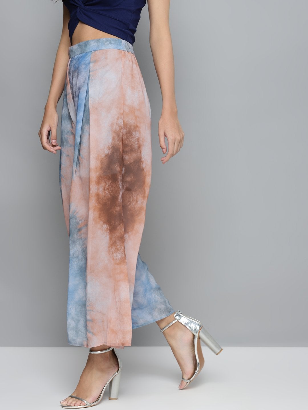 Women's Blue & Brown Tie-Dye Prin Palazzo Pants - SASSAFRAS