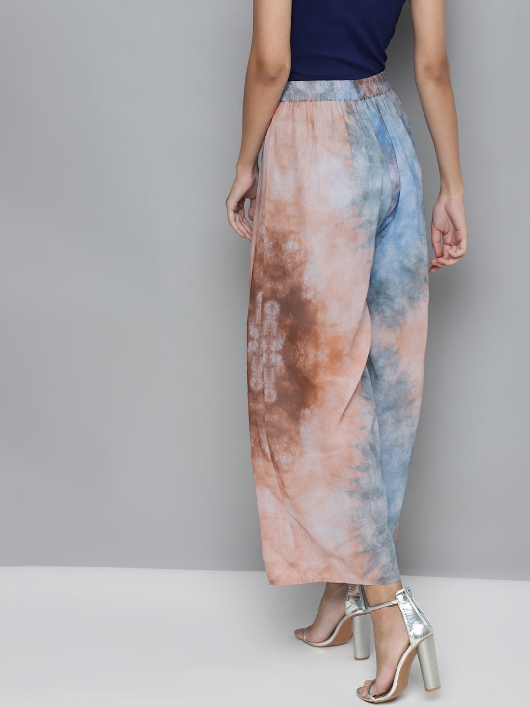 Women's Blue & Brown Tie-Dye Prin Palazzo Pants - SASSAFRAS