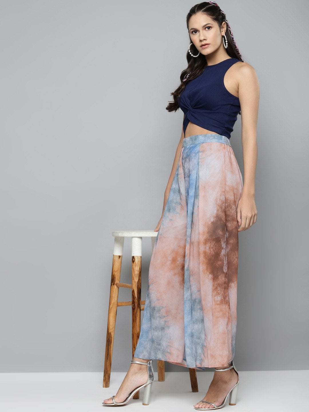 Women's Blue & Brown Tie-Dye Prin Palazzo Pants - SASSAFRAS