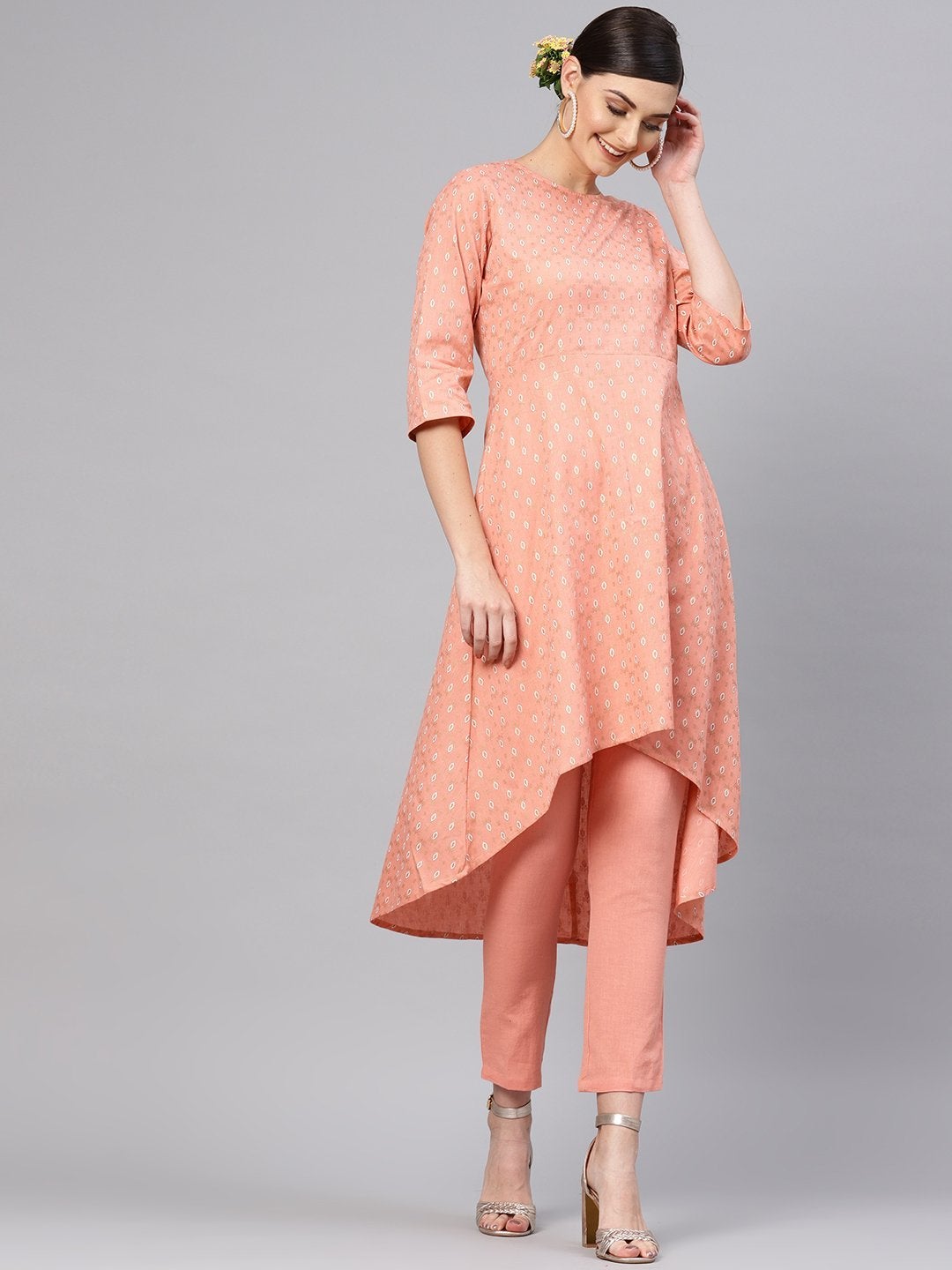 Women's Peach Foil High Low Kurta With Peach Pants