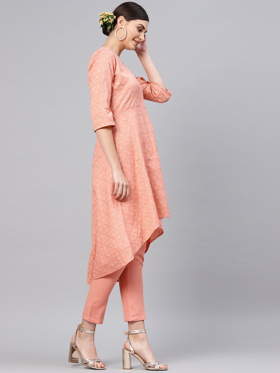 Women's Peach Foil High Low Kurta With Peach Pants