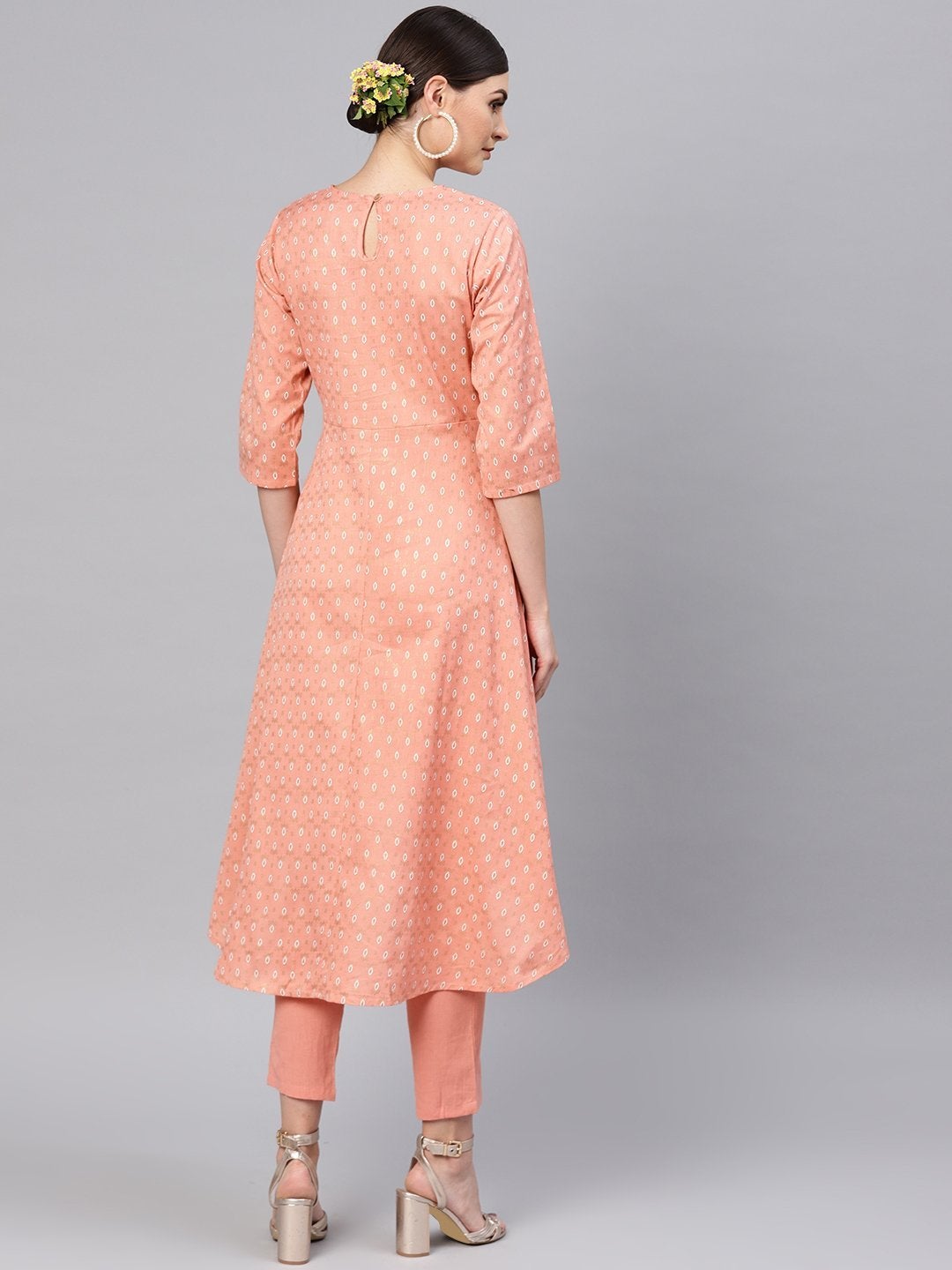 Women's Peach Foil High Low Kurta With Peach Pants