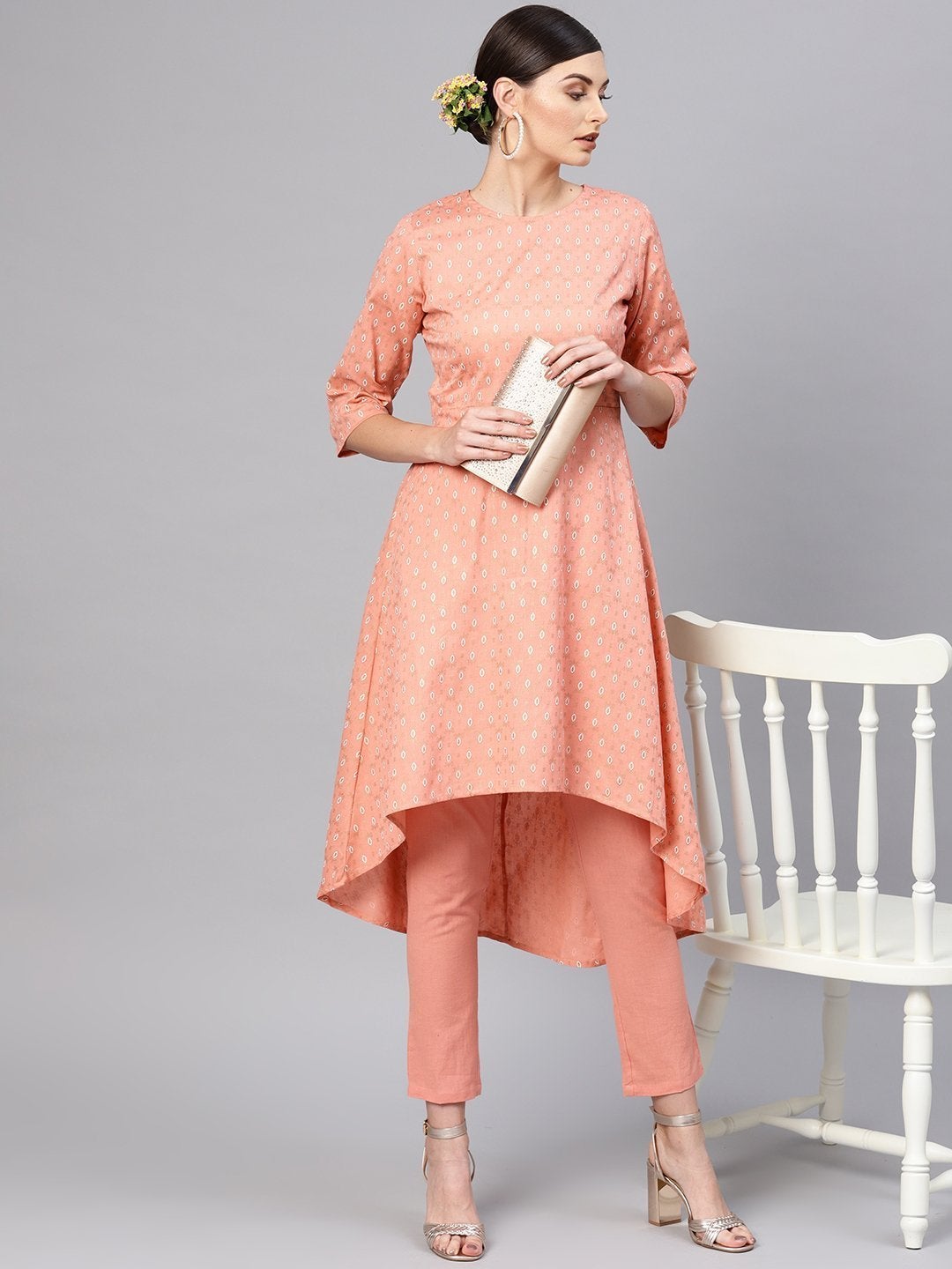 Women's Peach Foil High Low Kurta With Peach Pants
