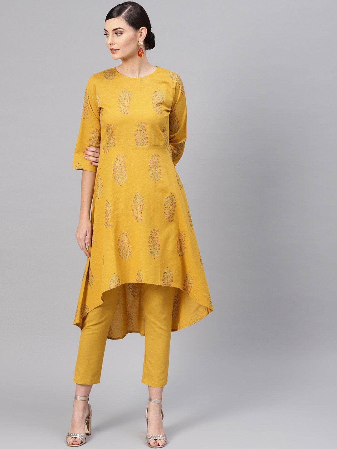 Women's Mustard Paisely High Low Kurta With Mustard Pants