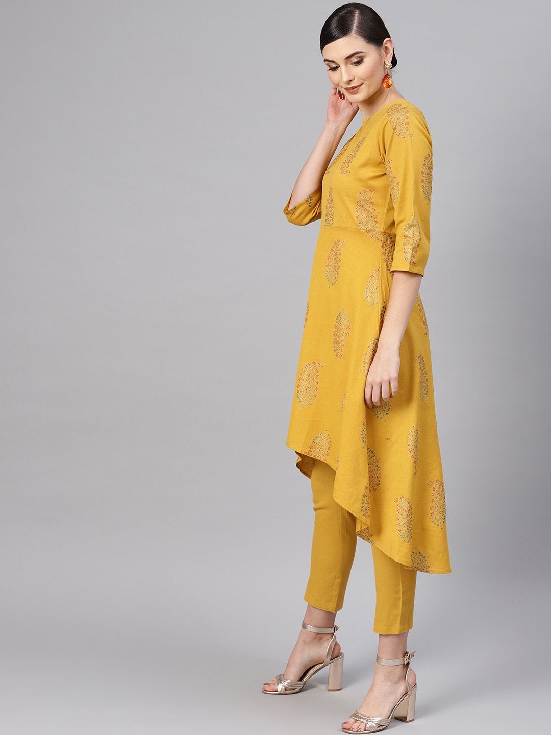 Women's Mustard Paisely High Low Kurta With Mustard Pants