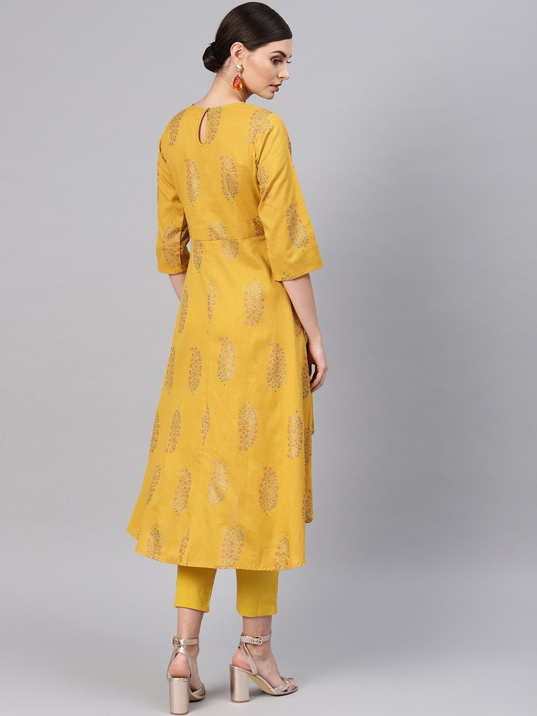 Women's Mustard Paisely High Low Kurta With Mustard Pants