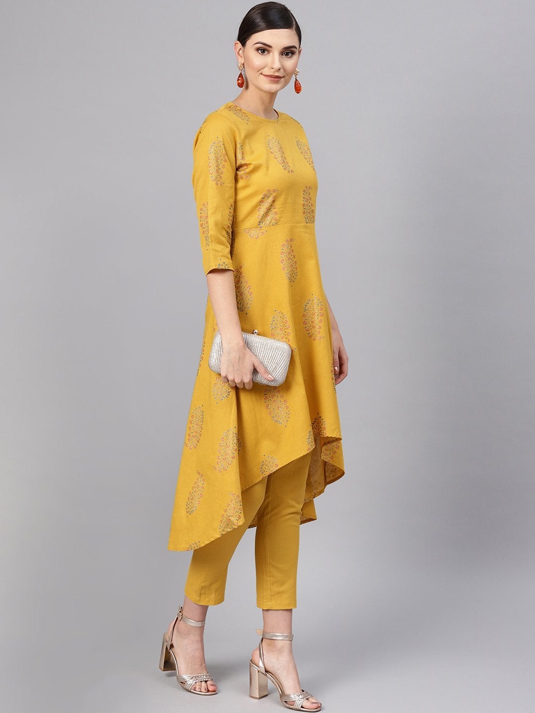 Women's Mustard Paisely High Low Kurta With Mustard Pants