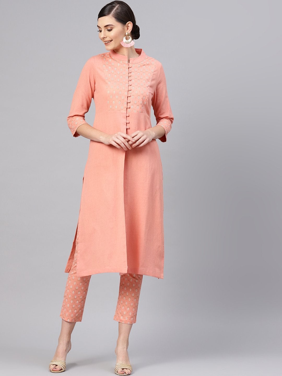 Women's Peach Front Yoke Kurta With Peach Printed Pants