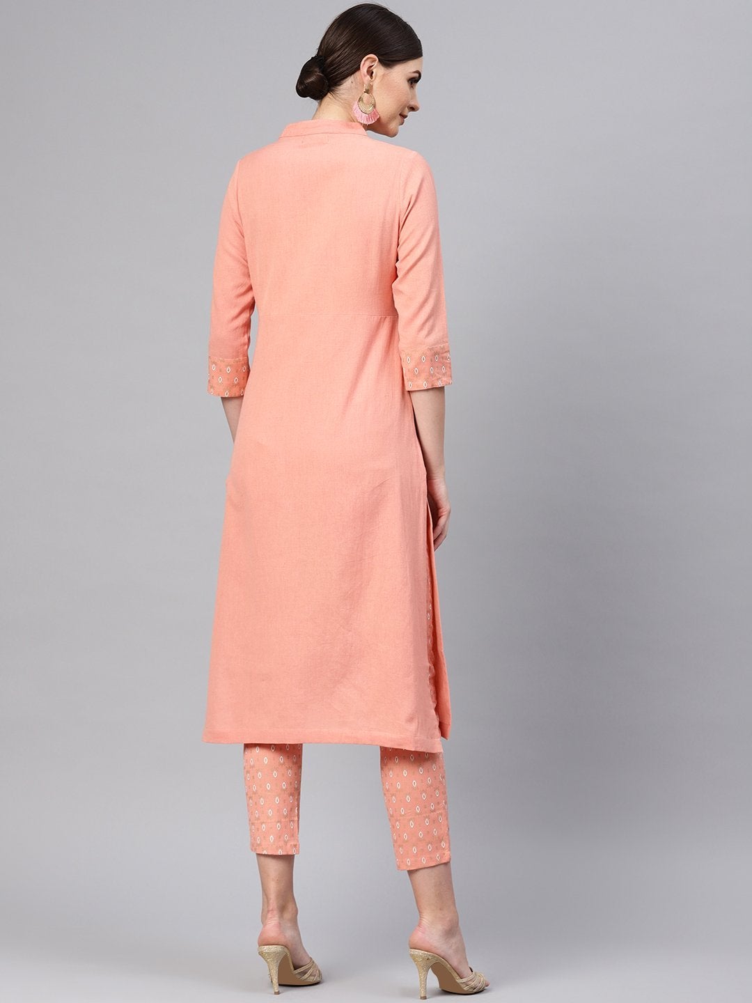 Women's Peach Front Yoke Kurta With Peach Printed Pants