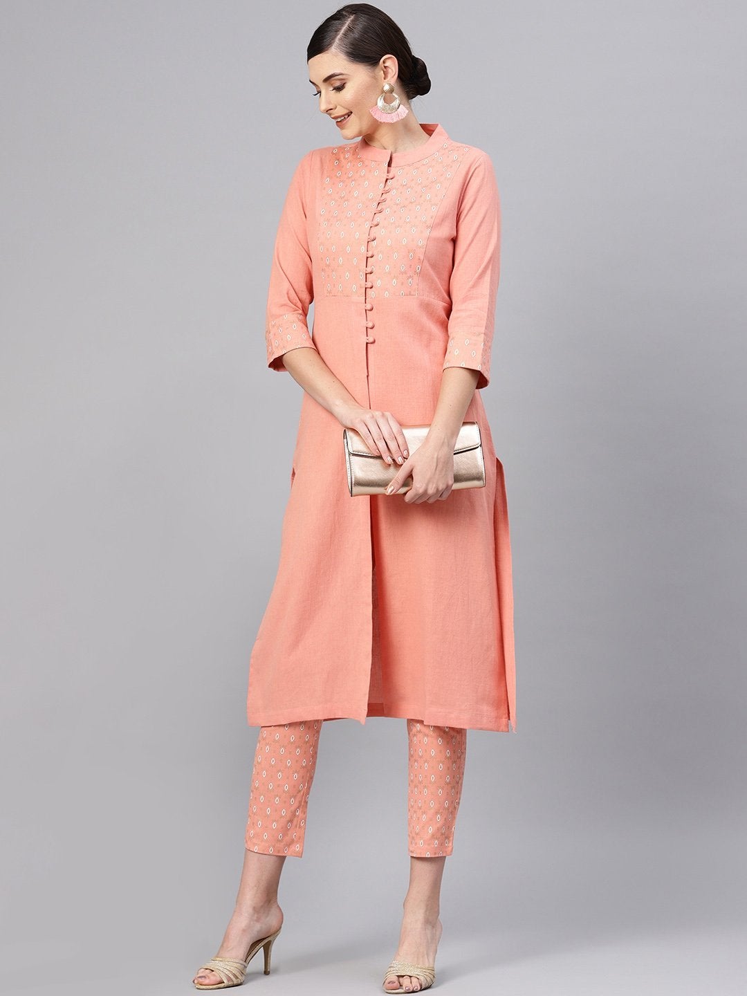 Women's Peach Front Yoke Kurta With Peach Printed Pants