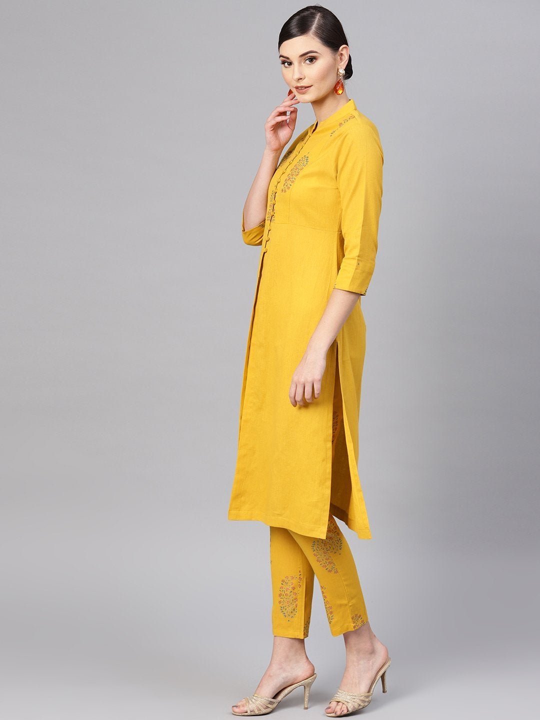 Women's Mustard Paisley Front Yoke Kurta With Mustard Floral Pants - SHAE