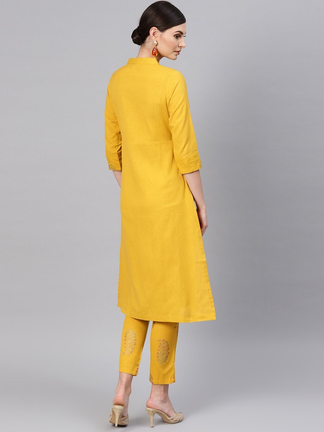 Women's Mustard Paisley Front Yoke Kurta With Mustard Floral Pants - SHAE