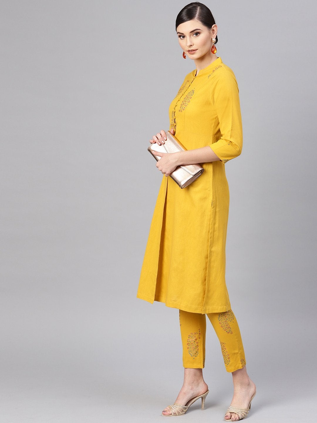 Women's Mustard Paisley Front Yoke Kurta With Mustard Floral Pants - SHAE