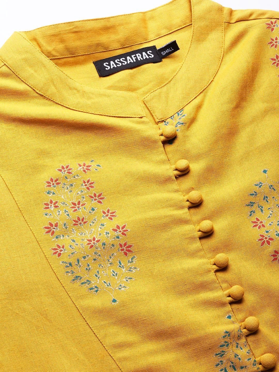 Women's Mustard Paisley Front Yoke Kurta With Mustard Floral Pants - SHAE