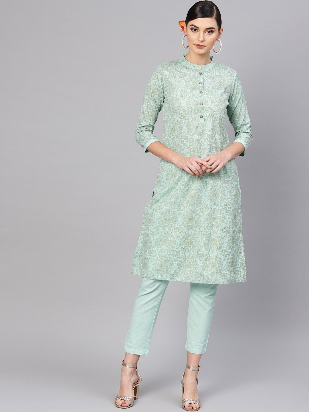 Women's Blue Foil Straight Kurta With Blue Pants