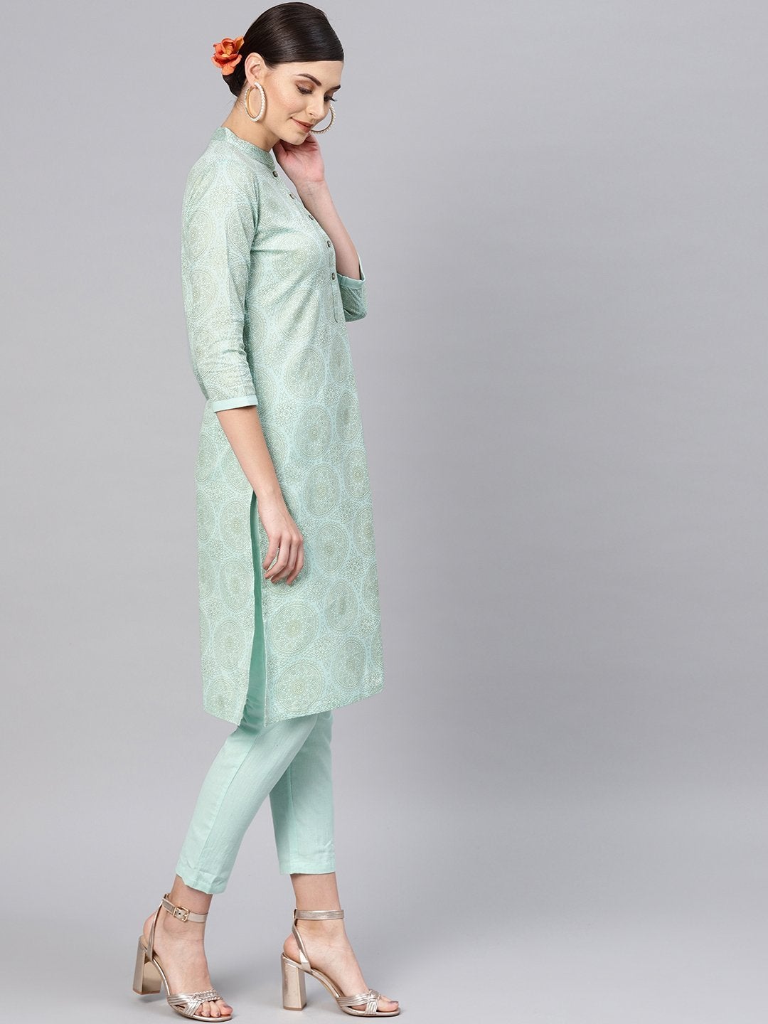 Women's Blue Foil Straight Kurta With Blue Pants