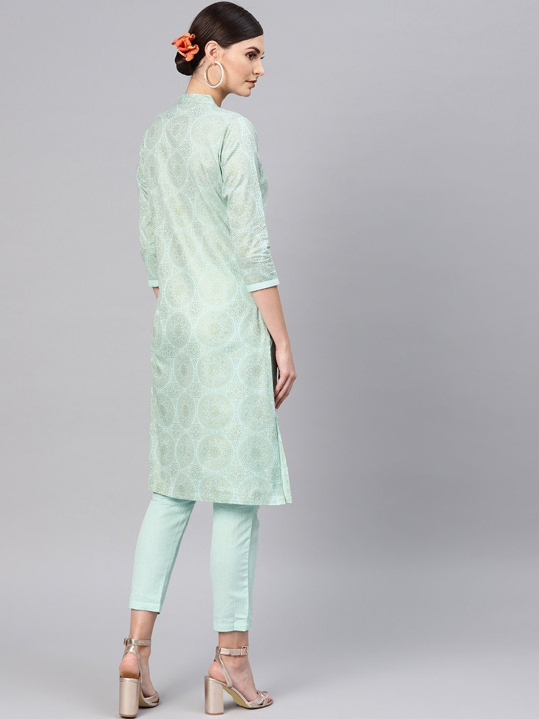 Women's Blue Foil Straight Kurta With Blue Pants