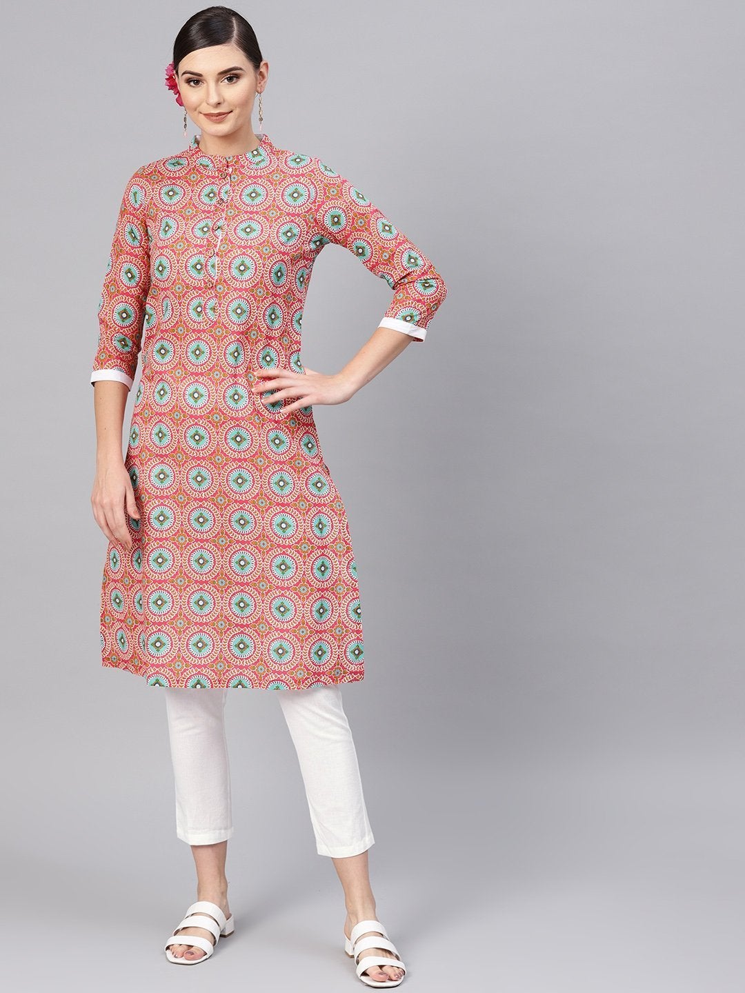 Women's Pink Floral Straight Kurta With White Pants - SHAE