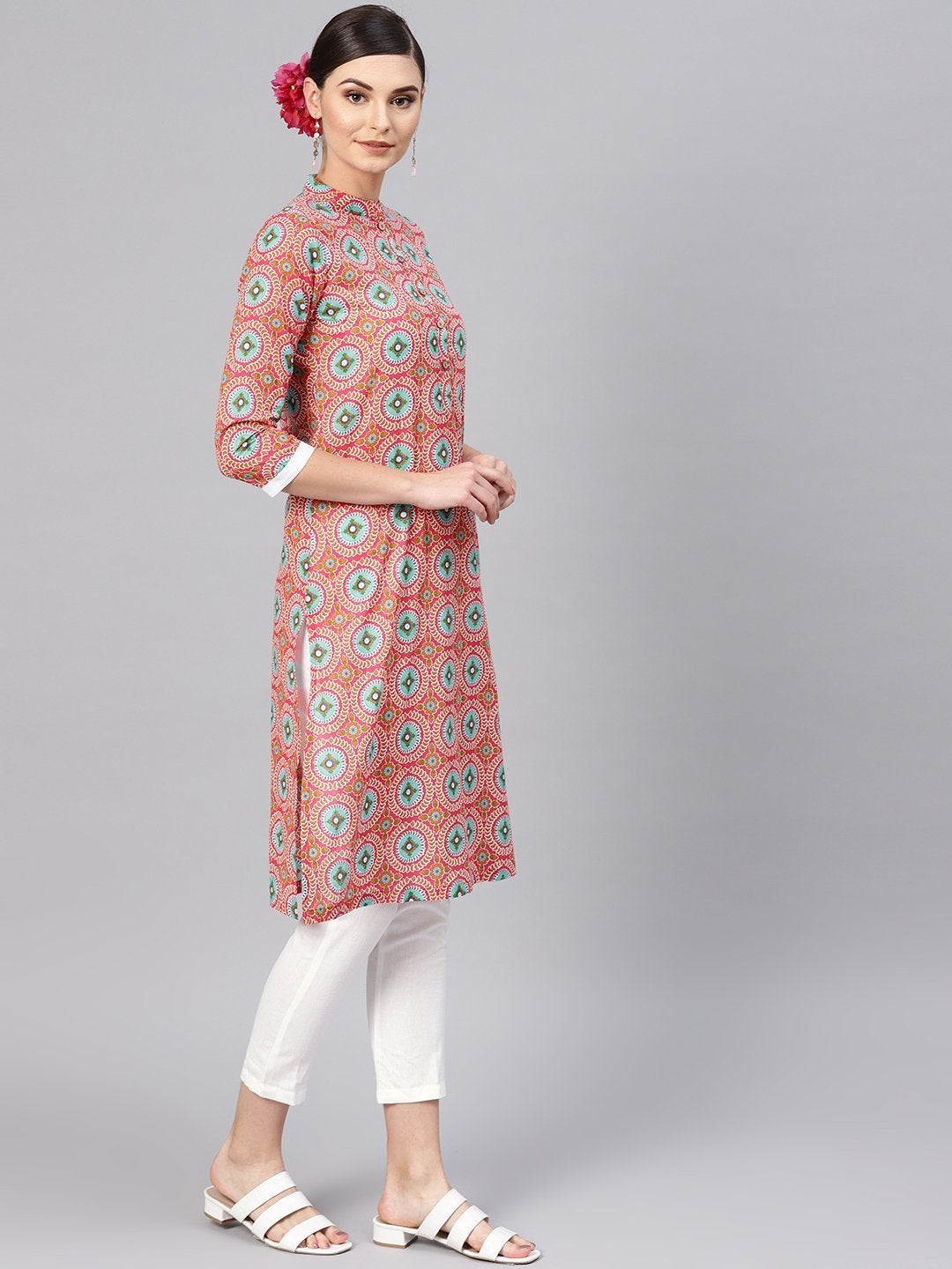 Women's Pink Floral Straight Kurta With White Pants - SHAE