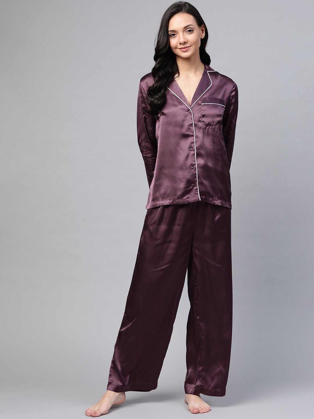 Women's Purple Satin Night Suit - SASSAFRAS