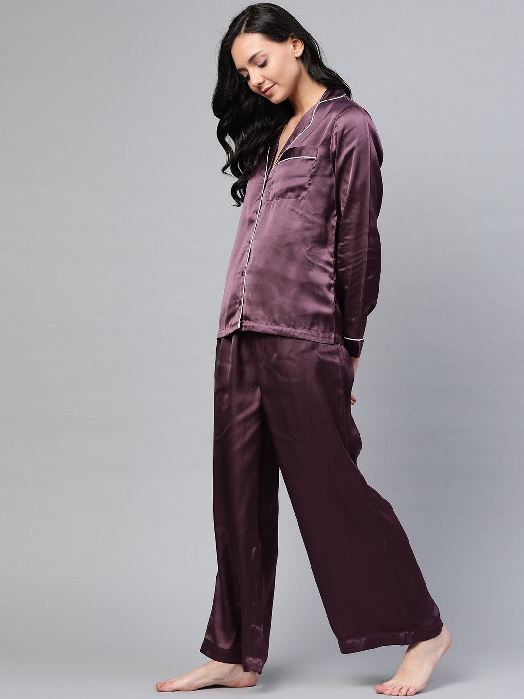 Women's Purple Satin Night Suit - SASSAFRAS