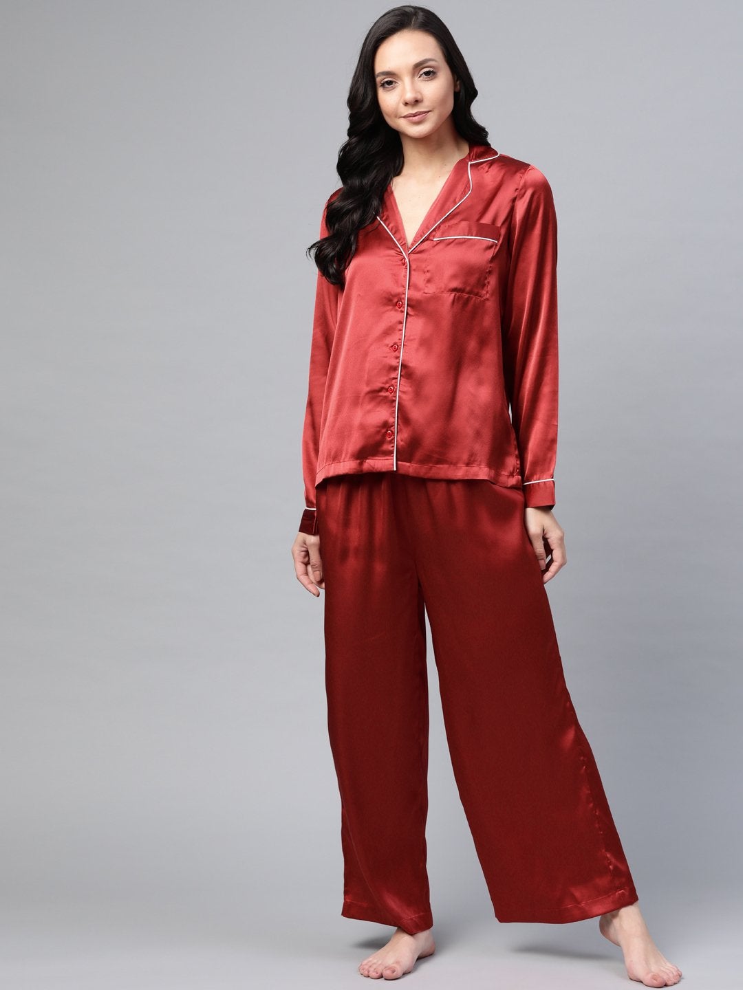 Women's Red Satin Night Suit - SASSAFRAS