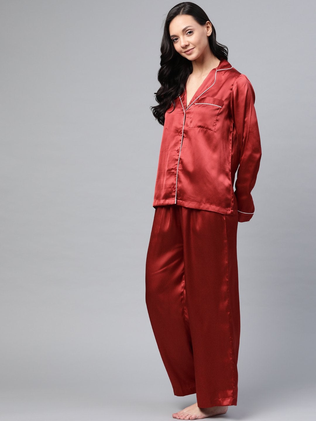 Women's Red Satin Night Suit - SASSAFRAS