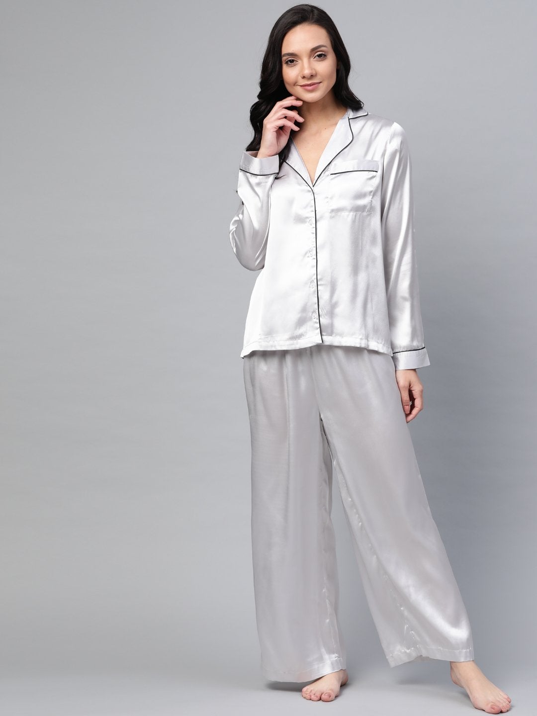 Women's Grey Satin Night Suit - SASSAFRAS