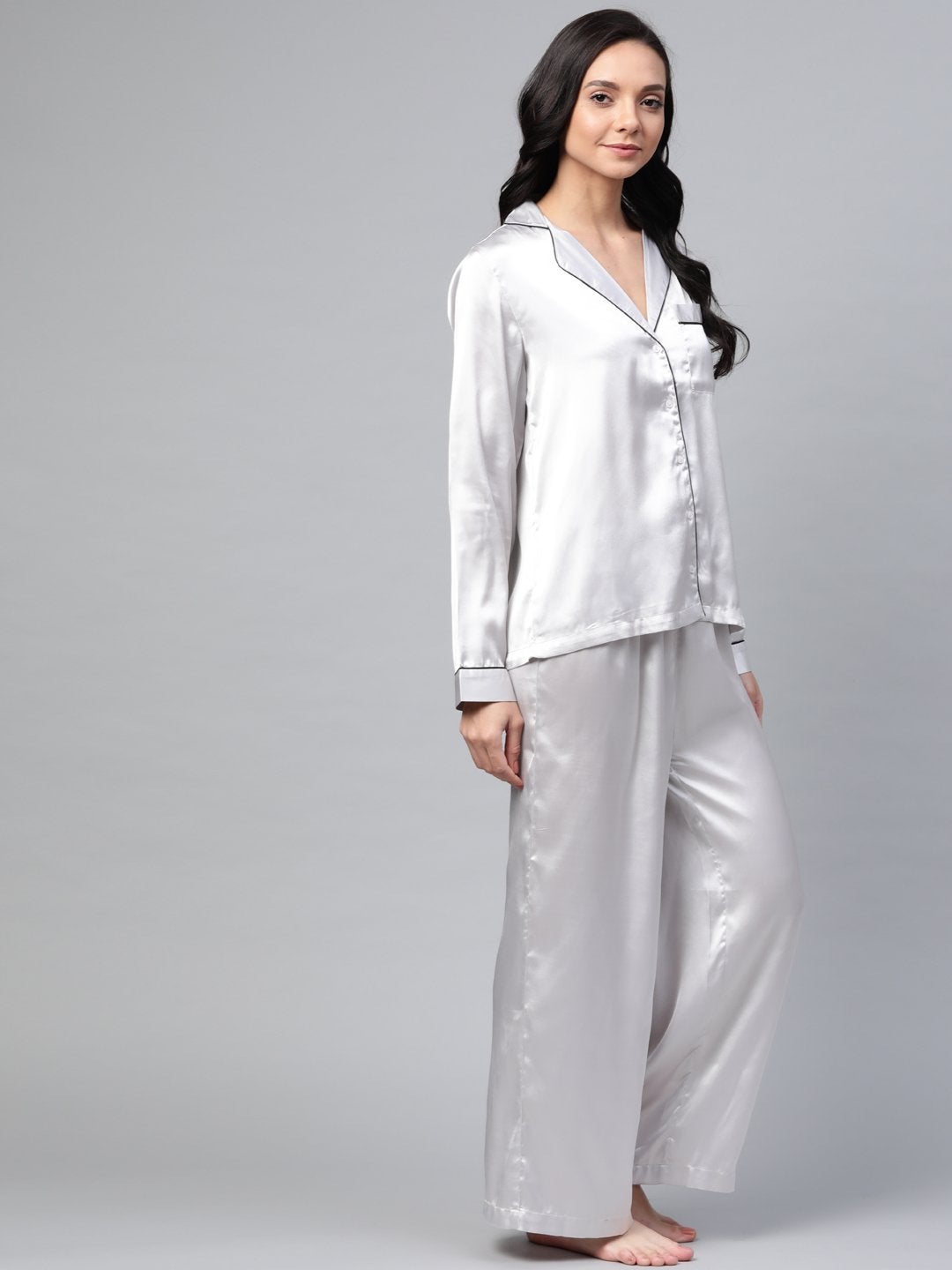 Women's Grey Satin Night Suit - SASSAFRAS