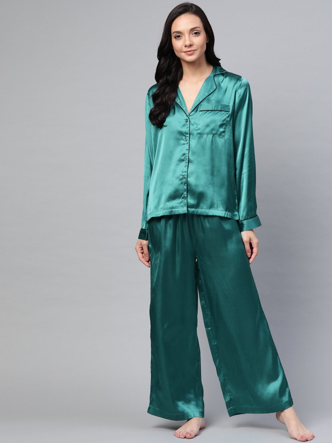 Women's Green Satin Night Suit - SASSAFRAS