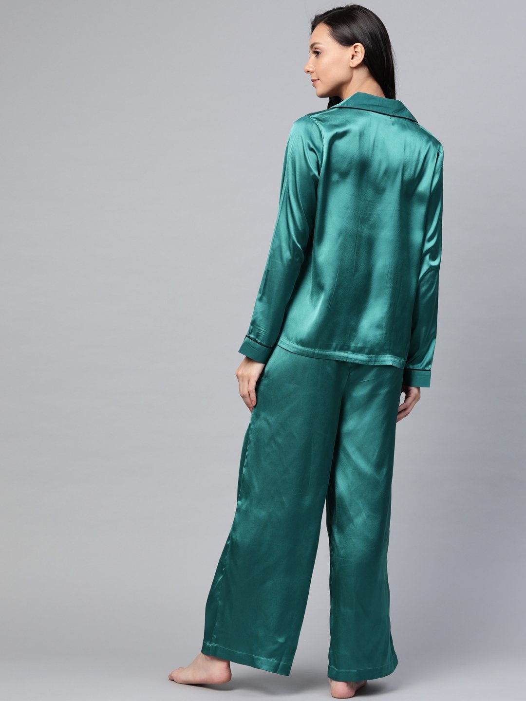 Women's Green Satin Night Suit - SASSAFRAS