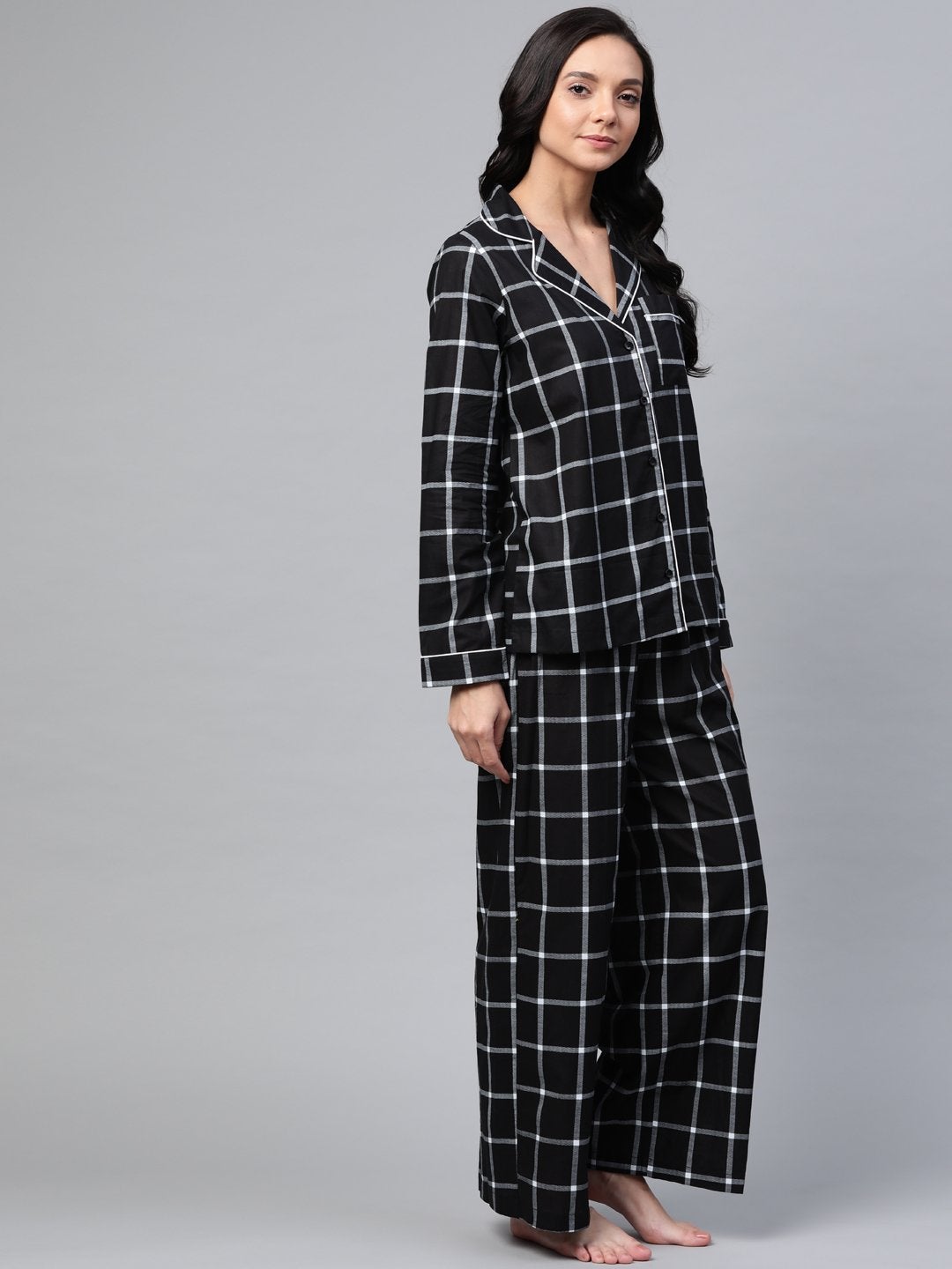 Women's Black Check Night Suit - SASSAFRAS