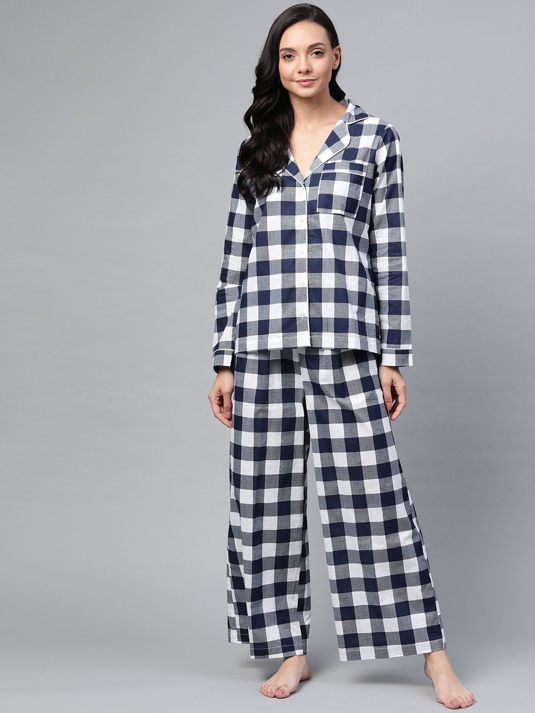 Women's Navy Check Night Suit - SASSAFRAS