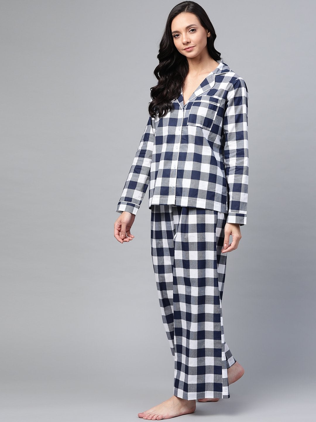 Women's Navy Check Night Suit - SASSAFRAS